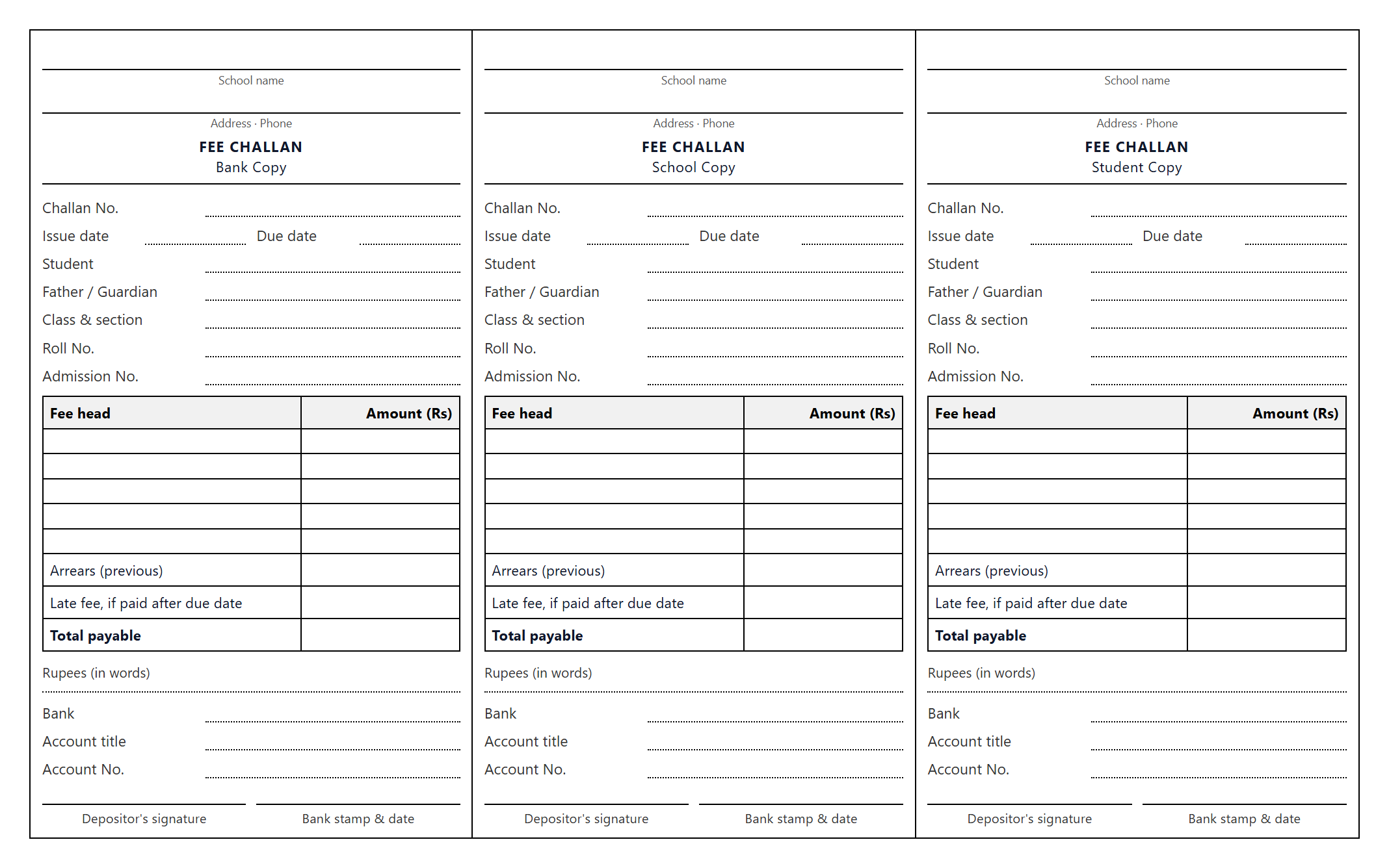 The free three-copy school fee challan template, with bank, school and student copies on one sheet