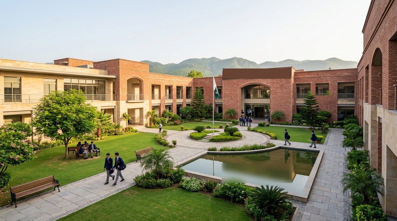 A school campus in Pakistan, with students crossing the courtyard